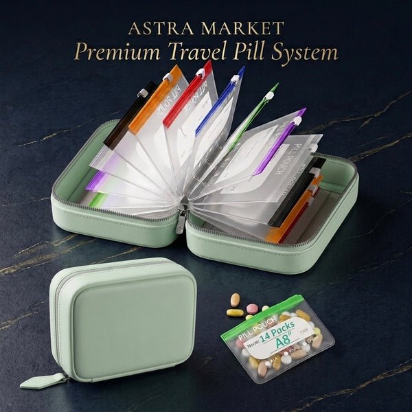 Weekly Pill Organizer Leatherette Binder – 14 Waterproof Pouches